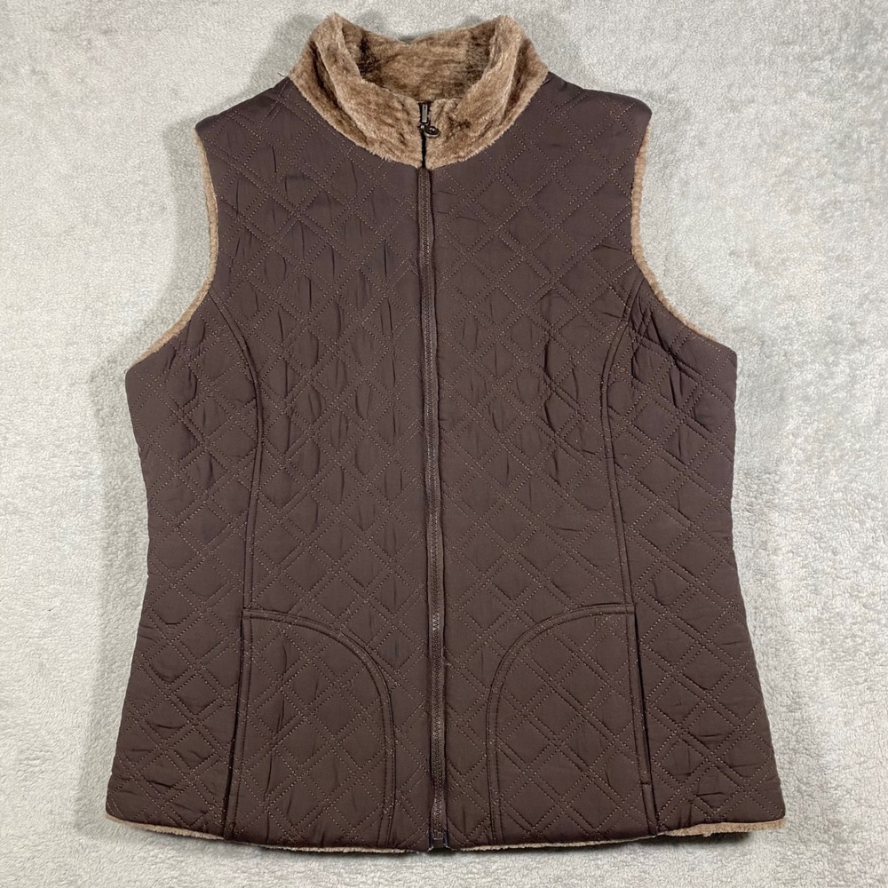 Reversible Quilted Faux Fur Vest Women L Brown Full Zip‎ Pockets